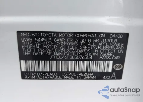 2008 Lexus Ls 460 from USA, damaged, VIN JTHBL46F385076554